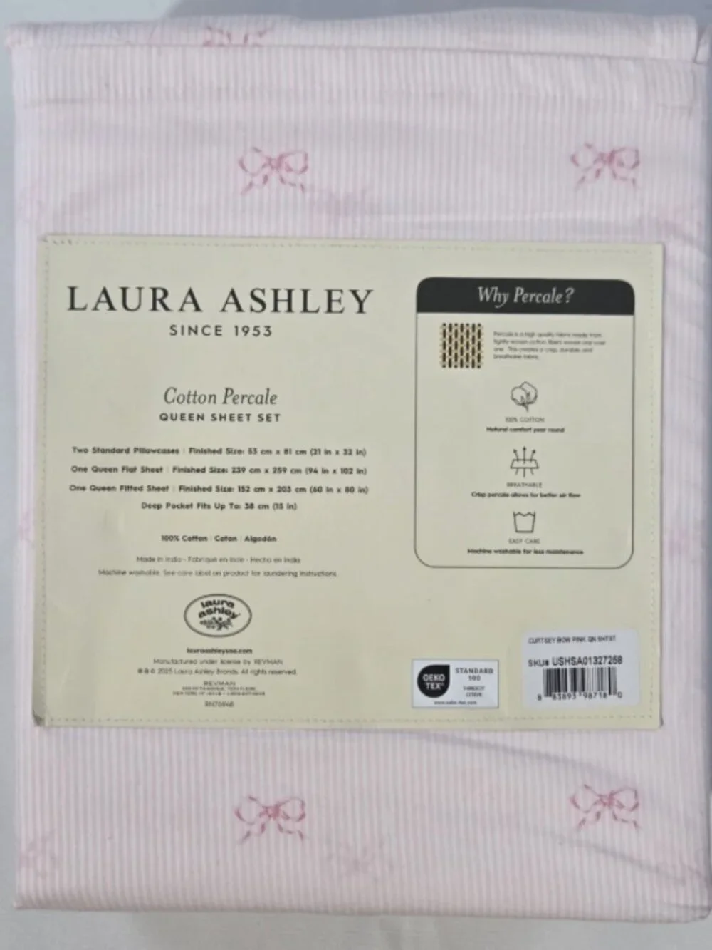 Laura Ashley Queen Sheet Set NWT Pink Bows White Stripe Cotton Percale Bedding